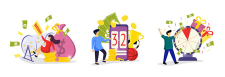 Lucky people playing lottery awards raffle, sports betting and fortune wheel. Persons taking part in prize draw. Online gambling addiction set vector illustration isolated on white backgroundのイラスト素材