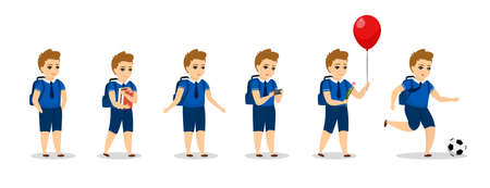 Schoolboy kid character different poses. Cute boy in uniform set. Smiling male child with backpack, holding textbooks, play on smartphone mobile game, back to school with flower and kick ballのイラスト素材