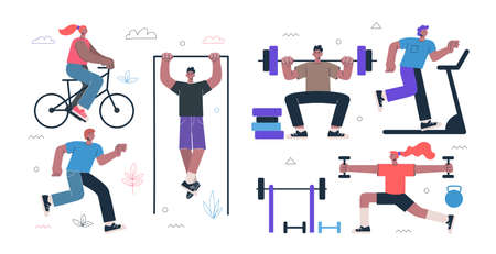 Healthy lifestyle fitness and street workout sports exercises concept. Persons squat with barbell, running on treadmill, ride bike, morning warm-up with dumbbells, pull-up on bar. Gym and work-outのイラスト素材