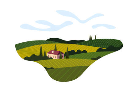 Vineyard wine grape hill farm banner concept sign. Romantic rural landscape in sunny day with villa, vineyard fields, plantation hills, farms, meadows and trees.  color creative illustrationのイラスト素材
