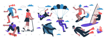 Young people active lifestyle extreme sport set. Youth rollerblading, doing trick on skateboard and scooter. Athletes parachuting base and jumping. Surfing, windsurfing and diving peopleのイラスト素材