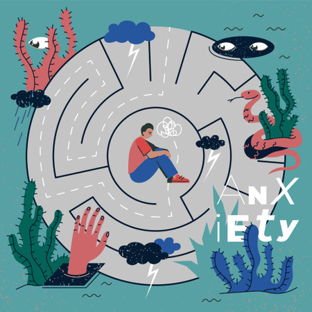 Psychology anxiety and loneliness. Visualization psychedelic human thinking, reflection and emotion. Mental disorder illness problem. Medical treatment depression and mind stress. Psychiatry posterのイラスト素材