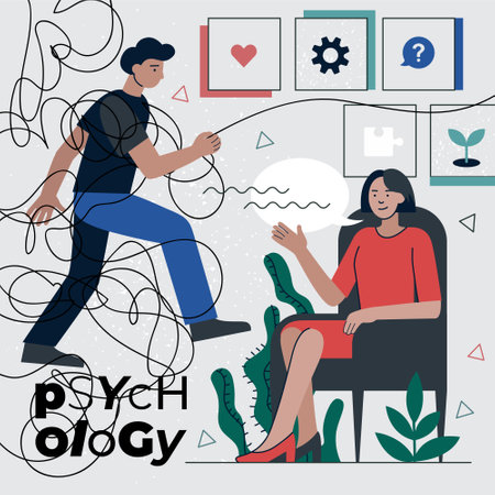 Psychotherapist counseling mental health problems man. Psychotherapy solution psychological disorder practice. Psychologist woman therapy session and stress patient. Depression psychiatrist helpのイラスト素材
