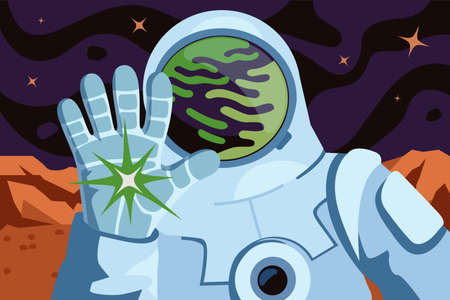 Astronaut landed and gloved hand greeting on planet surface. Cosmonaut spacesuit helmet reflect exoplanet landscape. Space exploration and colonization. Search life in universe and galaxy exploringのイラスト素材