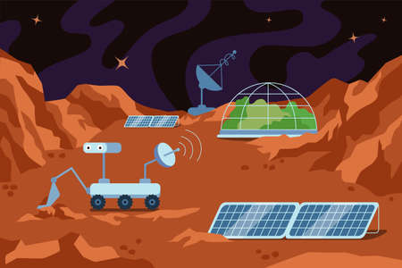 Red planet colonization human space base. Science station on Mars landscape and dome building, mountains and stars in sky. Station in galaxy in universe. Colonizers explore exoplanet soil explorationのイラスト素材