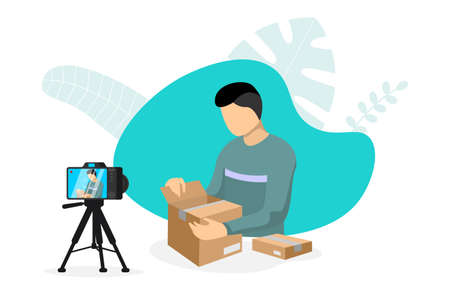 Blogger making video parcel unpacking content on camera with tripod. Man unboxing cardboard purchase streaming. Product review live stream. Vlogger influencer tutorial broadcast channel illustrationのイラスト素材