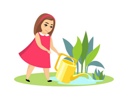 Little girl in pink dress waters growing plants with watering can. Cute female child hobby gardening. Kid working in vegetable garden vector isolated illustrationのイラスト素材