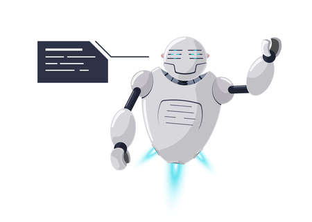 Cute friendly smiling robot character with speech bubble. Futuristic white chatbot mascot and message sign. Tech cartoon online bot communication. Robotic AI assistance talk vector eps illustrationのイラスト素材