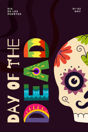 Mexican Day of the Dead party poster. Dia de Los Muertos national Mexico festival greeting card. Colourful lettering and skull on Latin America holiday banner.のイラスト素材