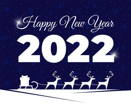 Santa Claus reindeer harness with gift box on sleigh inversion on blue background. Merry Christmas and Happy New Year 2022 greeting card design. Xmas deer and sled silhouette vector Illustrationのイラスト素材