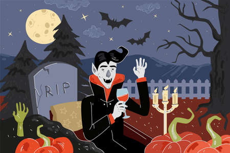 Happy Halloween holiday greeting card. Vampire dinner in moonlight night cemetery with pumpkins and bats. Ghoul drink blood in grave with tombstone and inscription R.I.P. near zombie hand from groundのイラスト素材