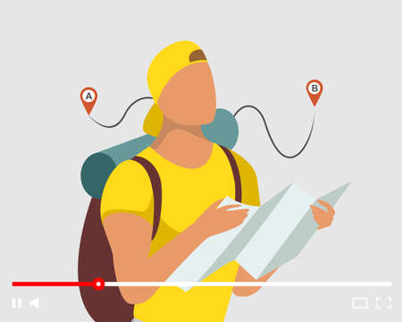Tourist man vlogger holding map and looking route on online video player interface. Travel blog content. Male backpacker influencer searching right direction. Traveler vlog stream vector illustrationのイラスト素材