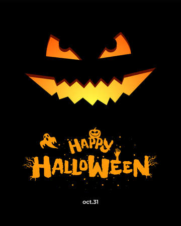 Happy Halloween party poster design template. Jack O Lantern pumpkin on black background and hand drawn inscription with ghost. Traditional October 31 holiday greeting card.のイラスト素材