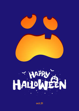 Happy Halloween party poster design template. Jack O Lantern pumpkin on blue background and hand drawn inscription with bat. Traditional October 31 holiday greeting card.のイラスト素材