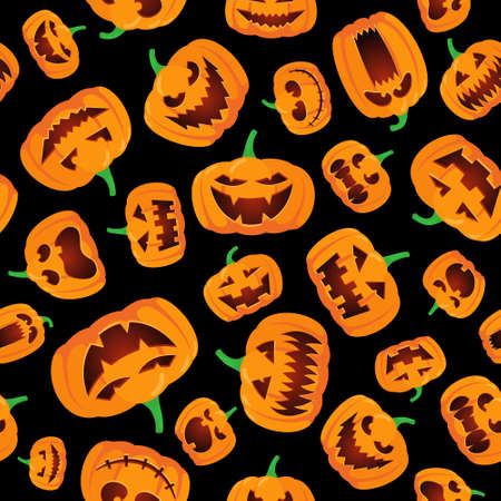 Seamless Halloween pattern with happy jack lantern orange carved glowing scary pumpkins on black background.のイラスト素材