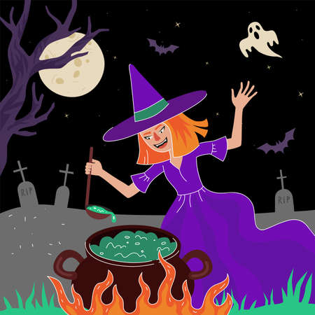 Happy Halloween holiday square design greeting card. magic poisonous in cauldron in moonlight night cemetery with ghosts and bats. All Saints Day celebration eve. Evil fairy vector invitationのイラスト素材