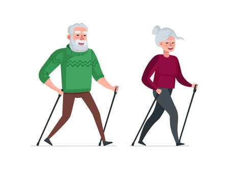 Elderly couple retired leisure time together. Nordic walk active cheerful healthy old people. Senior aged pensioners healthy lifestyle. Grandfather and grandmother outdoor exercise vector illustrationのイラスト素材
