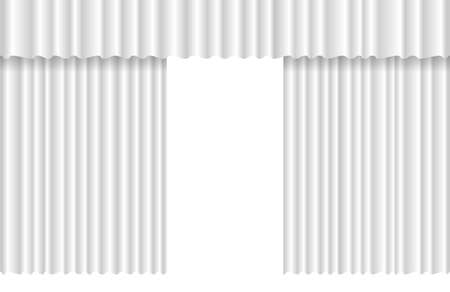 Opened luxury white wavy curtain stage backdrop. Grand open theater event velvet fabric drape opening ceremony. Vector theatre cinema premiere presentation drapery cloth illustration.のイラスト素材