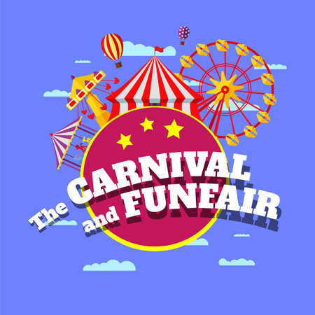 Carnival funfair banner. Amusement park circus, carousels, ferris wheel and merry-go-round attractions with inscription on blue cloud background. Fun fair festival. Vector illustrationのイラスト素材