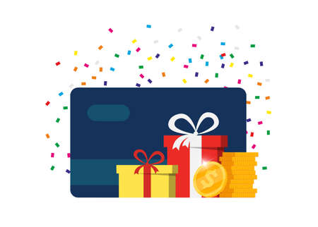 Gift or bonus card. Earn loyalty points and receive online rewards. Customer service business advertising. Money coins cashback, financial prize program, surcharge or allowance payment concept. Vectorのイラスト素材