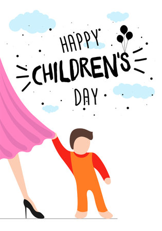 Happy Childrens Day poster, greeting card or banner. Little child holding mom dress hem. World family holiday event flyer design. Vector eps illustration with cute kid. White backgroundのイラスト素材