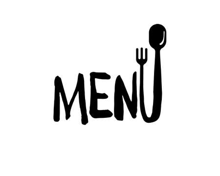 Menu word design concept with letter U transition from fork to spoon. Vector graphic hand-drawn symbol template for cafe, restaurant, cooking business. Isolated rough black sketch illustrationのイラスト素材