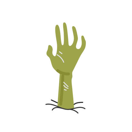 Zombie hand in ground drawing colored isolated on white background. Revived dead tries to crawl out of grave. Vector symbol for halloween holidayのイラスト素材