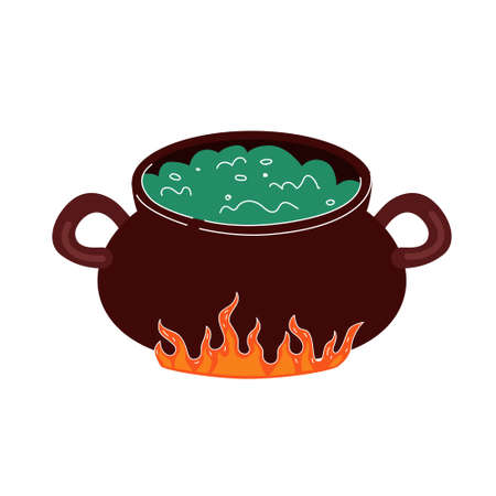 Potion boils in cauldron on fire. Drawing vector isolated eps illustrationのイラスト素材