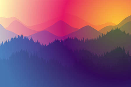 Mountains range morning or evening landscape with fog and forest. Sunrise and sunset play of colors and light in mountain rocks vector horizontal illustrationのイラスト素材