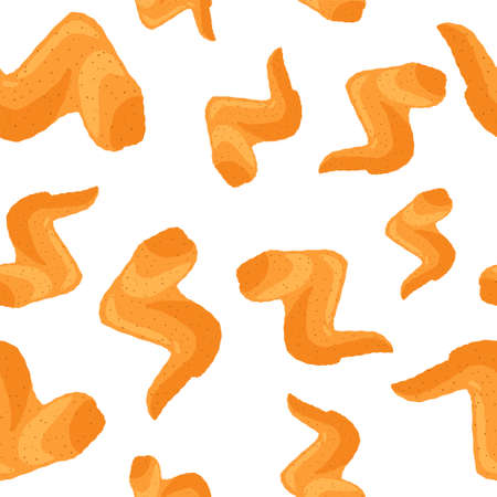 Fried crispy chicken wings seamless pattern on white background. Cartoon roasted fast food vector illustrationのイラスト素材