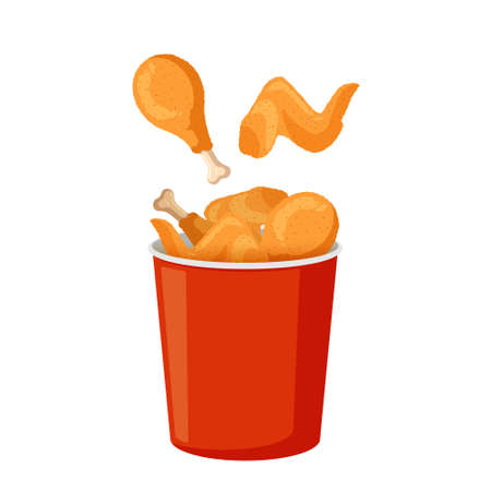 Fried chicken legs and wings in red bucket. Crispy meat in batter in paper packaging. Vector isolated eps illustration for fast food cafe and restaurant advertisingのイラスト素材