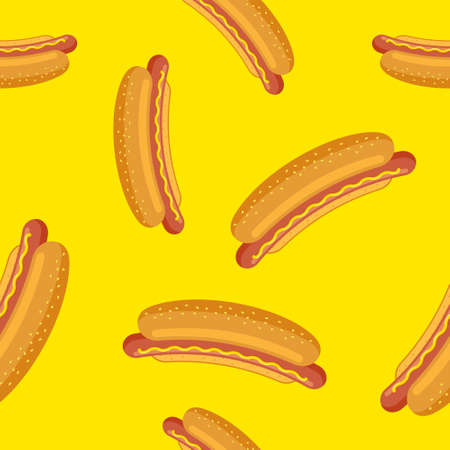 Hot dog seamless pattern on yellow background. Sandwich grilled sausage in crispy bun wallpaper. Fast food vector isolated illustration for cafe and restaurant advertisingのイラスト素材