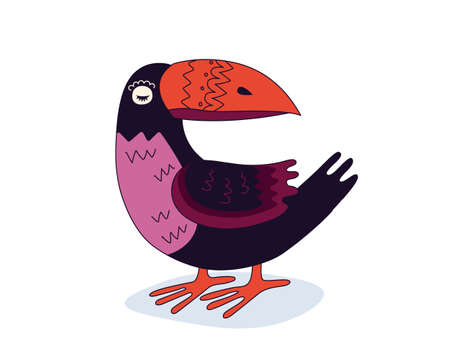 Colorful drawing toucan exotic bird. Hand drawn funny tropical parrot with a huge beak stands. Vector isolated illustrationのイラスト素材