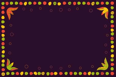 Vintage folk pattern of dots and colorful circles decorative frame on dark background. Retro graphic hand drawn ornament. Design template for greeting card. Vector abstract illustrationのイラスト素材