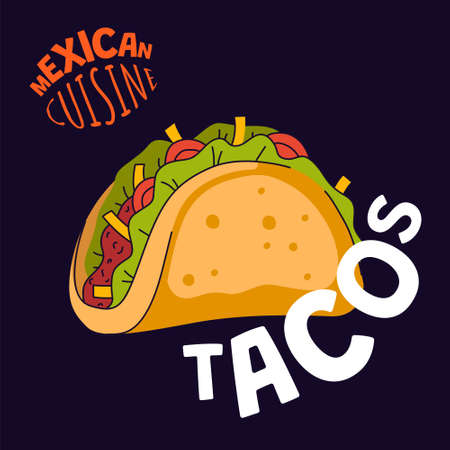 Mexican tacos poster. Mexico fast food taqueria eatery, cafe or restaurant advertising banner. Latin american cuisine taco flyer. Traditional dish tortilla stuffed vector illustrationのイラスト素材