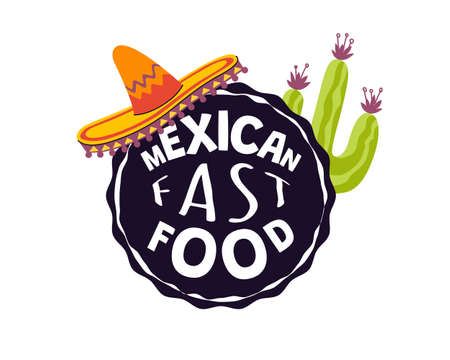 Logo for traditional Mexican cafe, eatery or restaurant. Mexica cuisine fast food. Brand inscription stamp with national Latin American sombrero and cactus. Vector isolated logo design for businessのイラスト素材