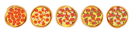 Pizza with different delicious filling ingredients set top view for pizzeria menu. Vector isolated illustrationのイラスト素材