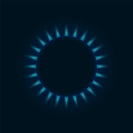 Gas burner blue flame. Glowing fire ring on kitchen stove top view. Burning natural propane butane vector realistic mockup on dark background. illustrationのイラスト素材
