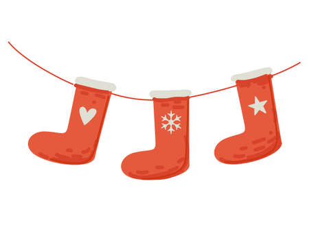 Red socks for Merry Christmas gifts hang on thread. Holiday decoration sock set for present drawing vector isolated illustrationのイラスト素材