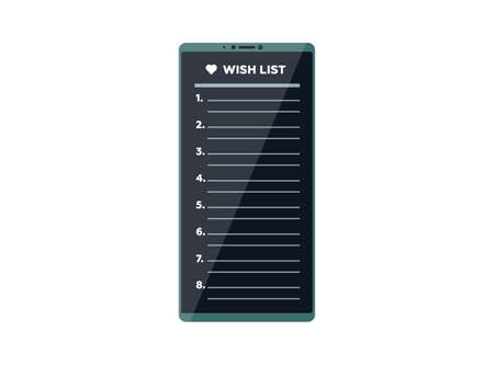 Smartphone with wish list app on display screen. Vector wishlist mobile phone application illustration. User eps phone interface designのイラスト素材