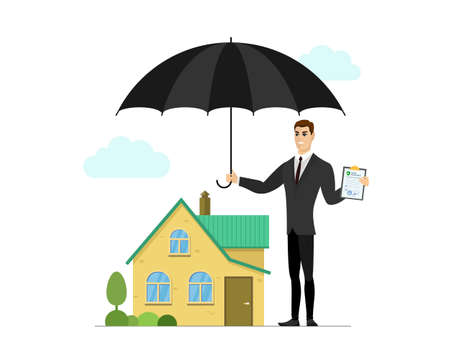 Insurance agent hold umbrella over house and property protection contract policy on clipboard. Home injury risk law legal preparedness concept. Vector eps illustrationのイラスト素材