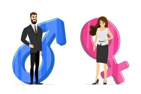 Relationship between man and woman at work. Male and female equality in business. Businessman and businesswoman standing with Mars and Venus heterosexual symbols. Vector isolated eps illustrationのイラスト素材