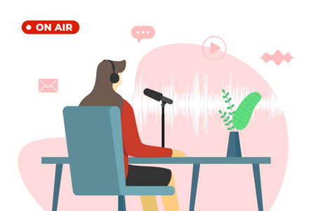 On air live podcast or broadcast concept. Radio news vector eps illustration. Woman DJ in headset with microphone at studio. Female journalist workingのイラスト素材