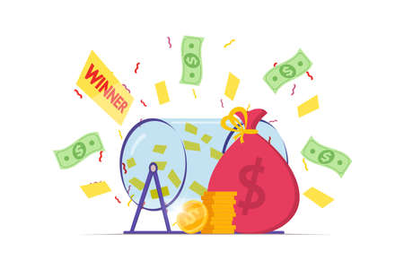 Prize raffle rotating drum with lottery tickets and lucky winner money bag on white background. Online random draw promotional design concept. Gambling vector eps illustrationのイラスト素材