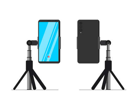 Smartphone on tripod vertical stand front and back view set. Mobile phone on rack. Video blogger equipment stationary holder. Professional stable vlogger device. Vector isolated eps illustrationのイラスト素材