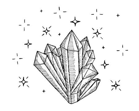 Crystal minerals linear hand drawn. Line sketch art gem stone. Vector eps isolated doodle drawing contour illustration for alternative medicine and treatmentのイラスト素材