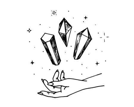 Woman hand holding magic soaring crystals for healing. Gem stone minerals alternative medicine and treatment sketch. Linear drawing vector isolated illustrationのイラスト素材