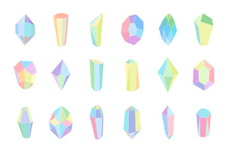 Crystal minerals colored icon set. Colorful gem stone collection. Alternative crystals medicine and treatment. Vector isolated eps illustrationのイラスト素材