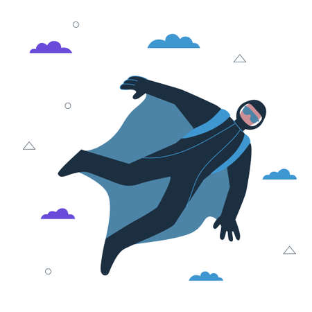 Hipster guy basejumper. Young man base jumping and wingsuit flying. Healthy active lifestyle and extreme wing suit parachuting sport creative concept. Male person skydiving vector eps art illustrationのイラスト素材