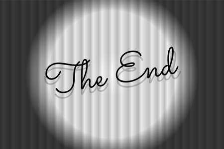 The End text on closed white silky luxury theater curtain background with spotlight beam illuminated. Black title on old silent movie ending backdrop. Promotion message noir vector eps bannerの写真素材